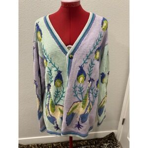 Vintage Whimsical Peacock Cottagecore Art Knit Cardigan Storybook Knits L